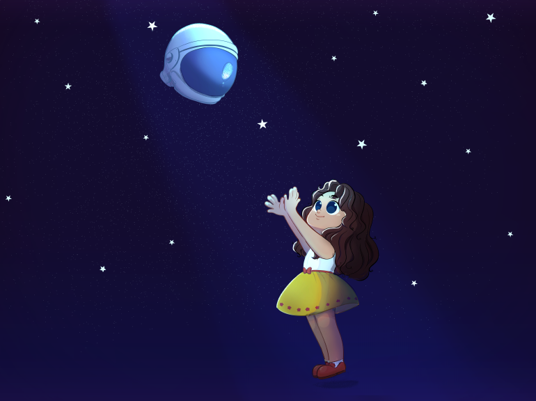 Young girl reaching for astronaut helmet. Art by @nillestudio.